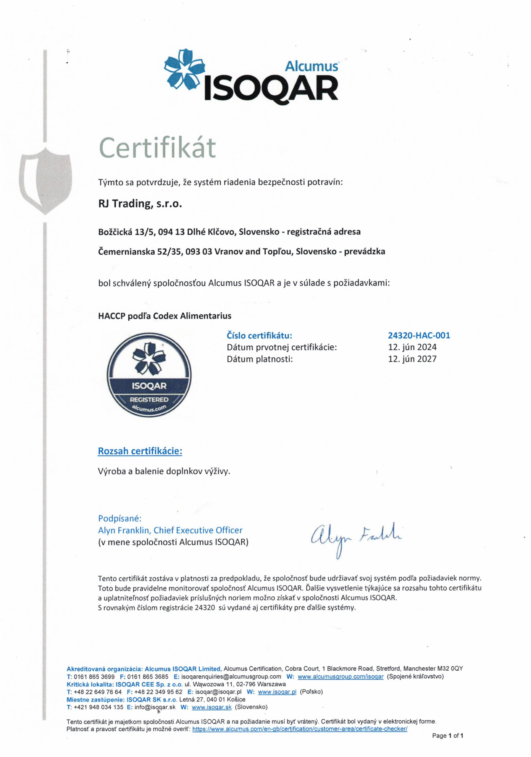 Certifikát HACCP